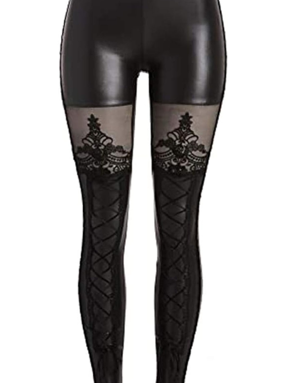 Black Faux Leather & Lace-Panel Leggings